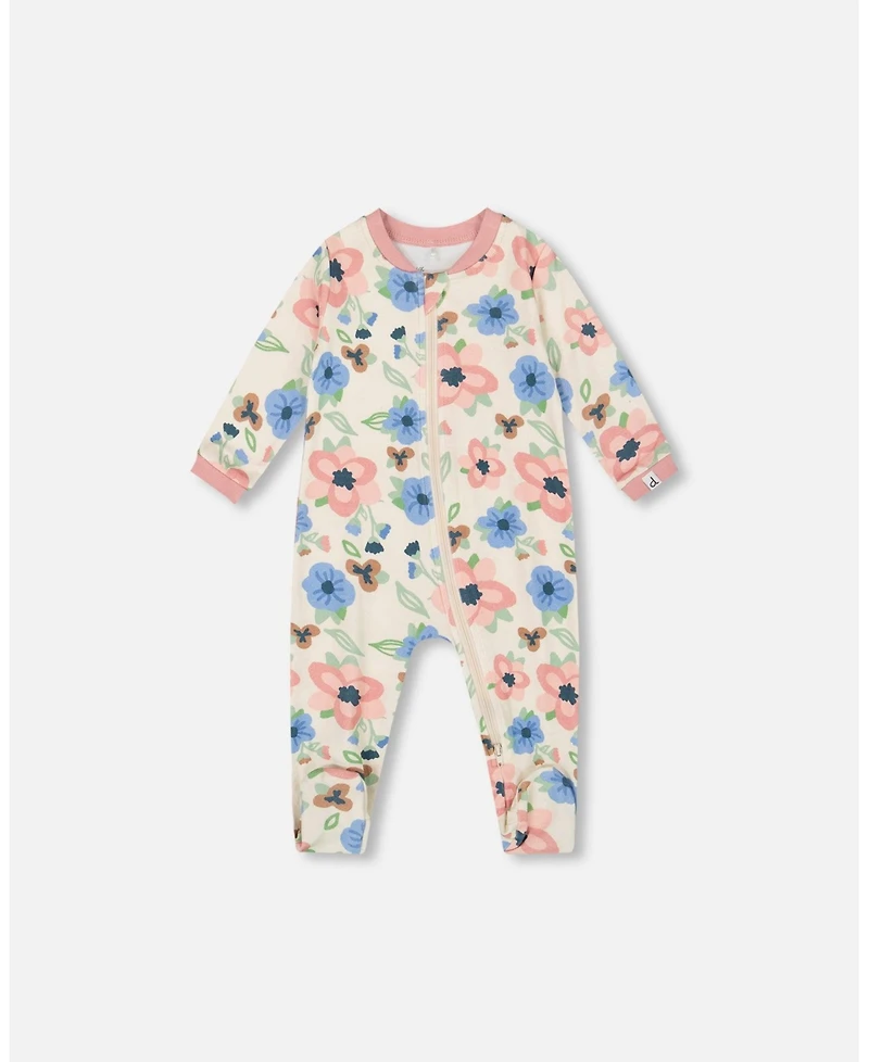 Deux par Baby Girl One-Piece Cotton Pajama Off-White Flower Print