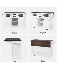 Casainc 54.9" Kitchen Island with Drop Leaf, Power Outlet, Storage Cart with Glass & Barn Doors, 4 Shelves&Wheels (No Stools)