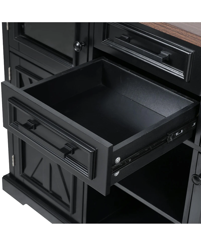 Casainc 54.9" Kitchen Island with Drop Leaf, Power Outlet, Storage Cart Glass & Barn Doors, 4 Shelves&Wheels (No Stools)