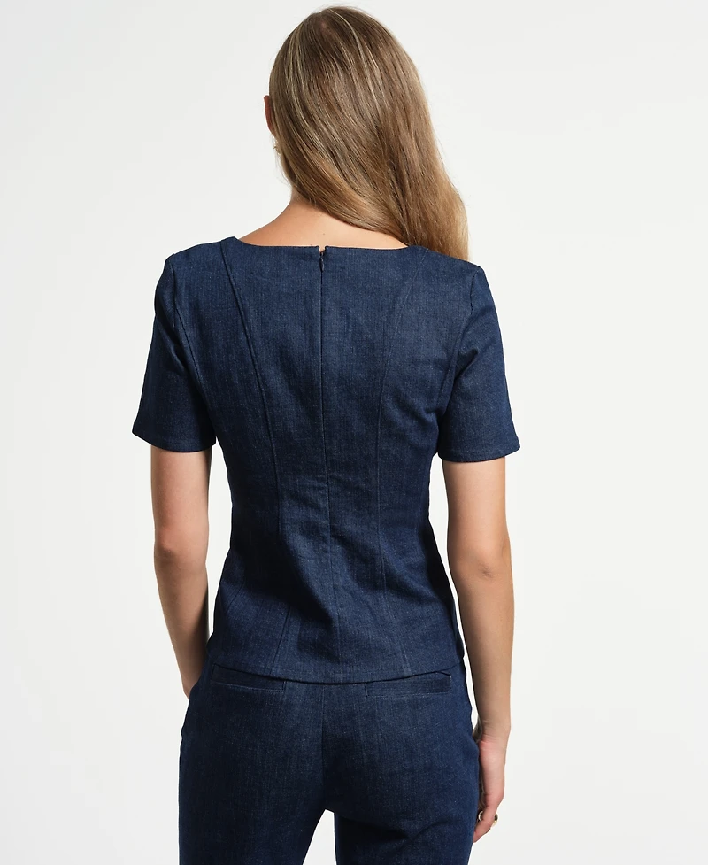 Isaac Mizrahi Women's Square Neck Seamed Denim Top