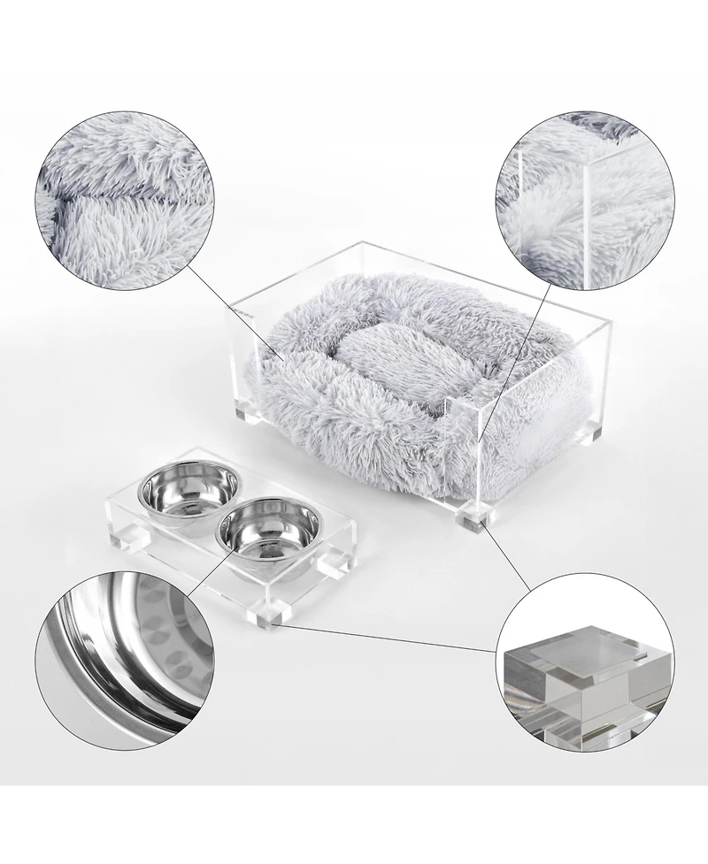 Billie 24" x 15.75" Small Modern Acrylic Calming Fluffy Pet Bed with Washable Cushion and 4" Elevated Pet Feeder with 27 oz 2-Stainless