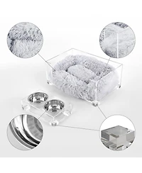 Billie 24" x 15.75" Small Modern Acrylic Calming Fluffy Pet Bed with Washable Cushion and 4" Elevated Pet Feeder with 27 oz 2-Stainless