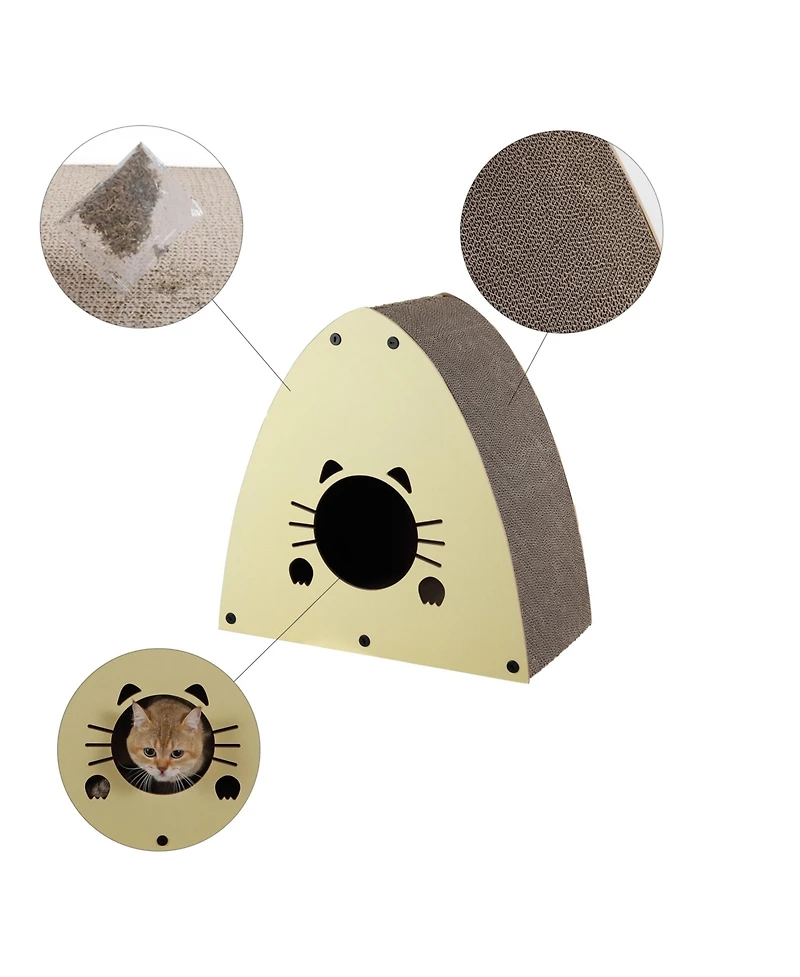 The Licker Store Koko 19" Modern Cardboard Triangle Cat Cave Scratcher with Catnip, Almond