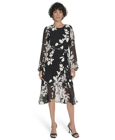 Tommy Hilfiger Petite Long-Sleeve Chiffon Combo Midi Dress