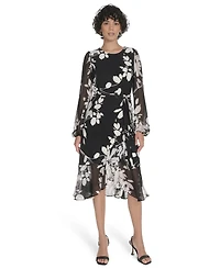 Tommy Hilfiger Petite Long-Sleeve Chiffon Combo Midi Dress