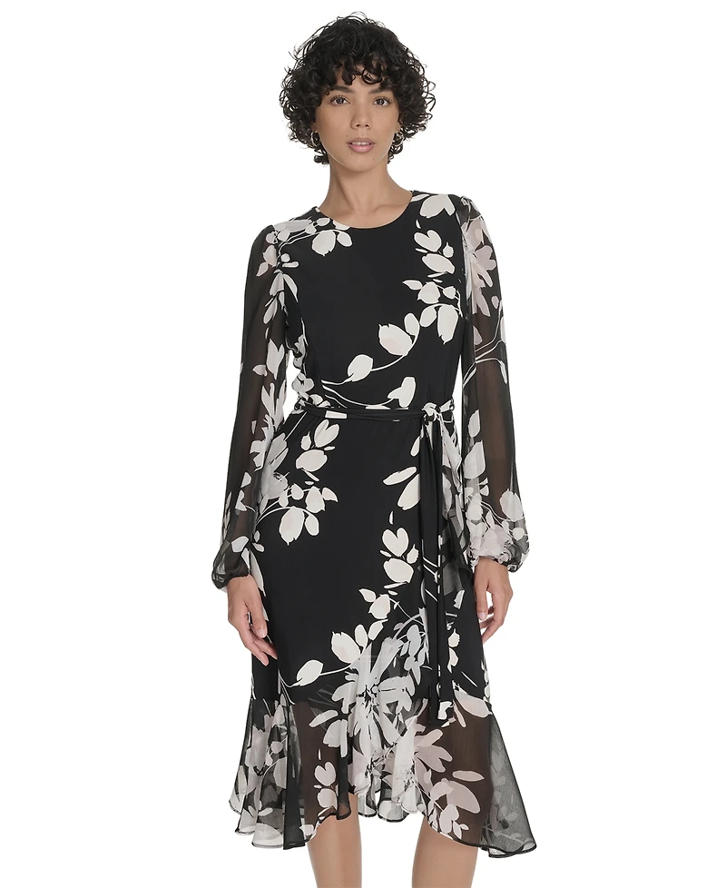 Tommy Hilfiger Petite Long-Sleeve Chiffon Combo Midi Dress
