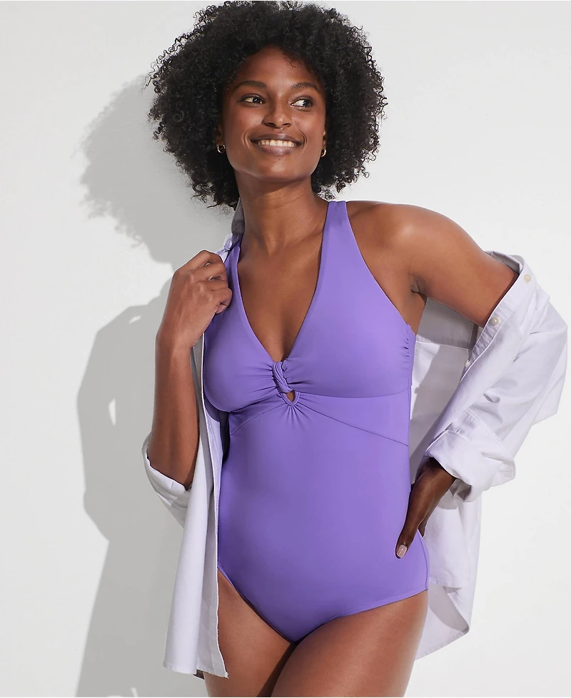 Lands' End Women's Knot Front V-neck High Leg One Piece Swimsuit