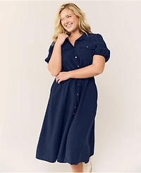 Lands' End Women's Twill Button Front Fluid Short Sleeve Dress
