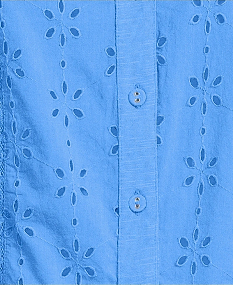Lands' End Women's Plus Short Sleeve Mixed Media Eyelet Top