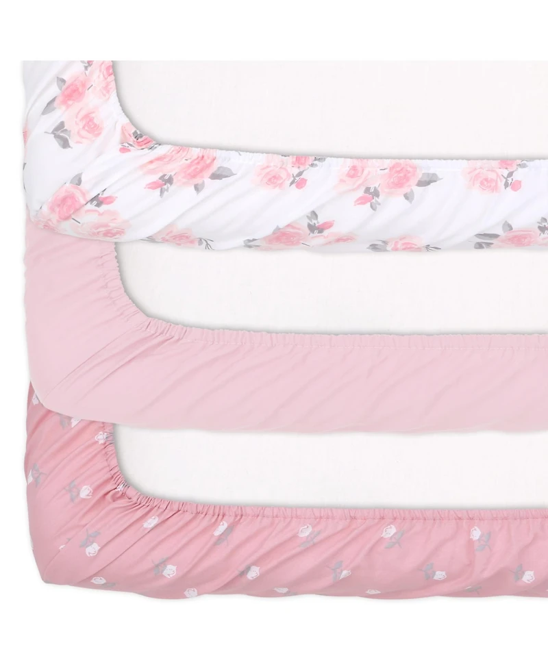 The Peanutshell Pack n Play, Mini Crib, Portable Crib or Fitted Playard Sheets for Baby Girl, Pink Roses and Ditsy Floral, 3 Pack Set