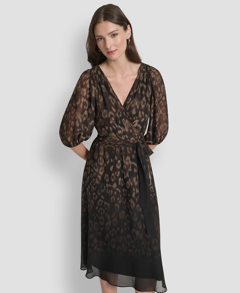 Dkny Women's Balloon Sleeve Faux Wrap Midi Dress