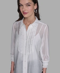 Karl Lagerfeld Paris Women's Ruffle Button Woven Collar Neck Top
