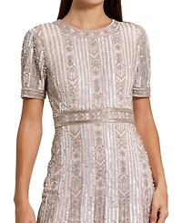 Mac Duggal Women's High Neck Short Sleeve Crystal Fringe Column Dress
