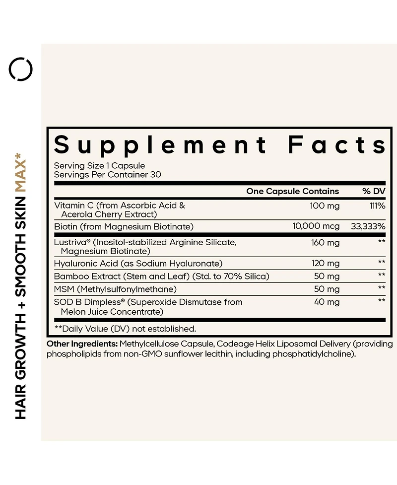 Codeage Hair Growth + Smooth Skin Max Vitamins Supplement - Hair Growth Health Skin Cellulite Support - Biotin, Vitamin C, Msm