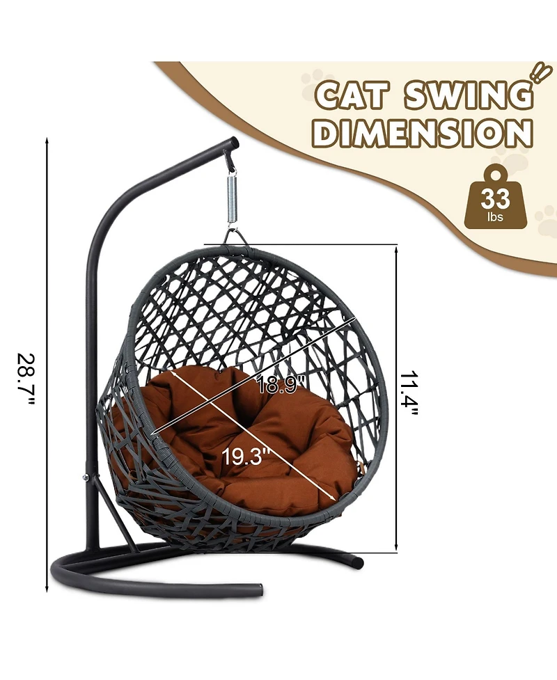 Cat Swing Bed with Stand & Cushion, Cat Egg Chair with Rattan Wicker Appearance, Indoor Hanging Swinging Cat Bed for Cats, Small Dogs