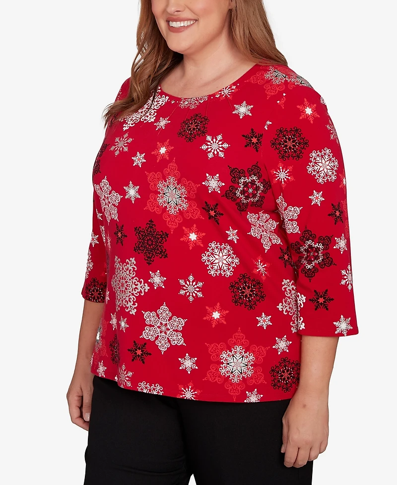 Alfred Dunner Plus Classic Embellished Snowflake Pleated Neck Top