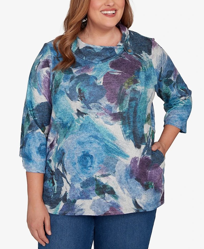Alfred Dunner Plus Classic Floral Brushstroke Mock Neck Top