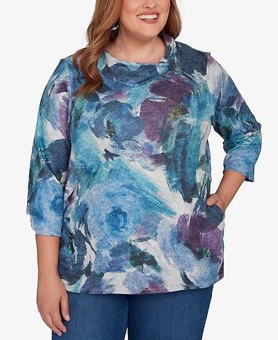 Alfred Dunner Plus Classic Floral Brushstroke Mock Neck Top