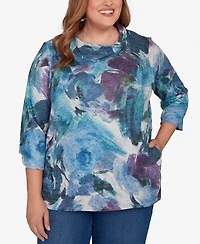 Alfred Dunner Plus Classic Floral Brushstroke Mock Neck Top
