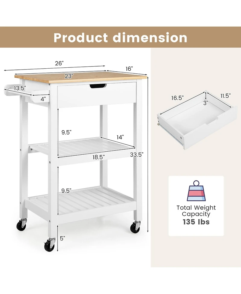 Gymax 3-Tier Kitchen Island Cart Rolling Service Trolley w/ Bamboo Top Shelves