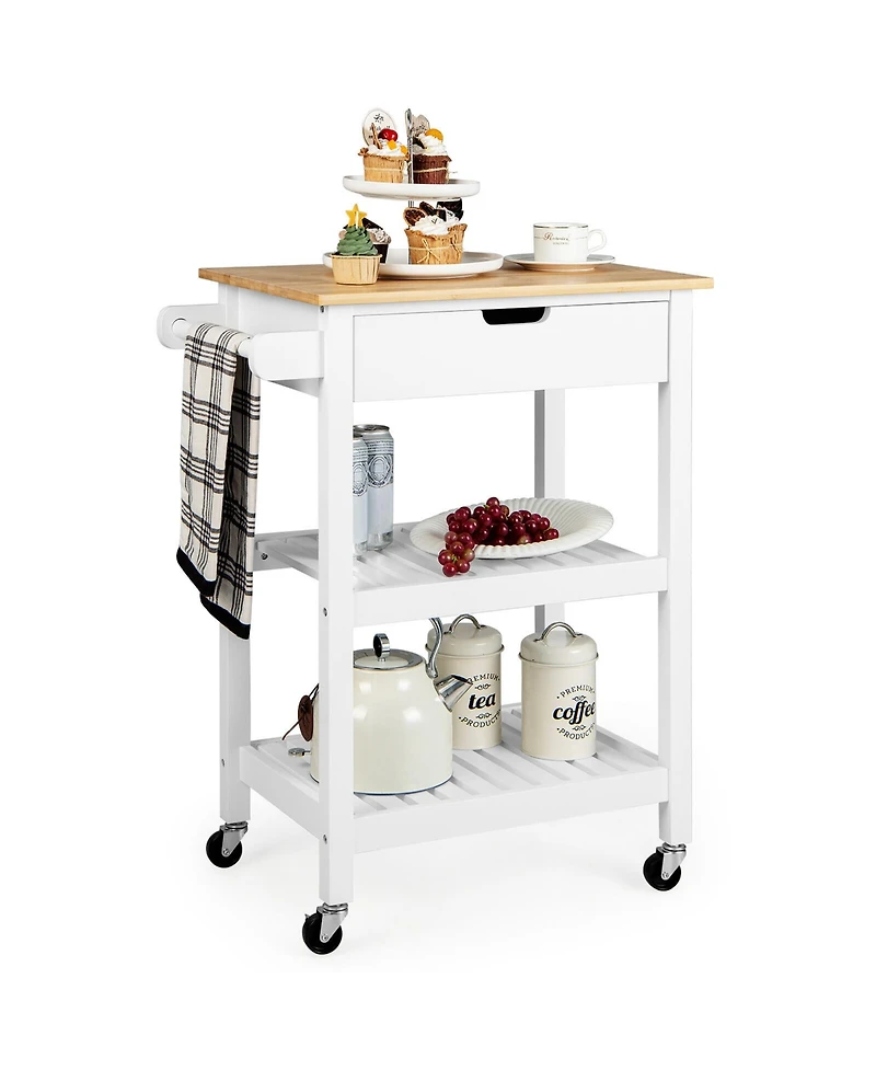 Gymax 3-Tier Kitchen Island Cart Rolling Service Trolley w/ Bamboo Top Shelves