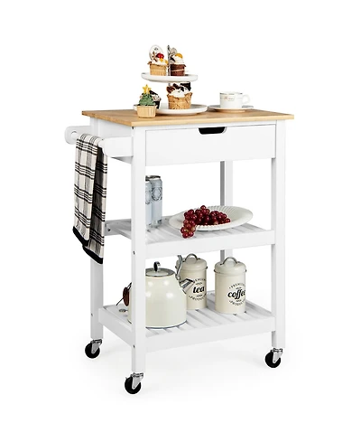 Gymax 3-Tier Kitchen Island Cart Rolling Service Trolley w/ Bamboo Top Shelves