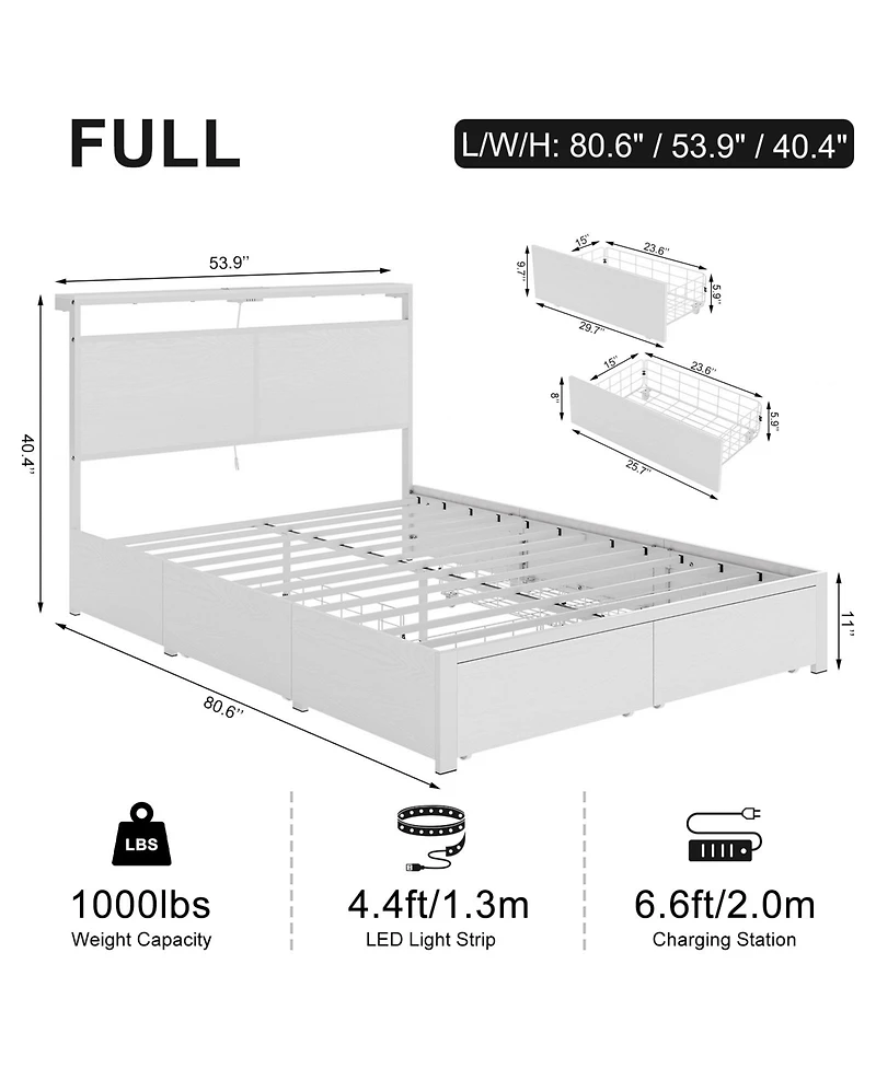 Hausource Full Bed Frame with 4 Drawers, Led Headboard & Charging Station, White Metal