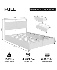 Hausource Full Bed Frame with 4 Drawers, Led Headboard & Charging Station, White Metal