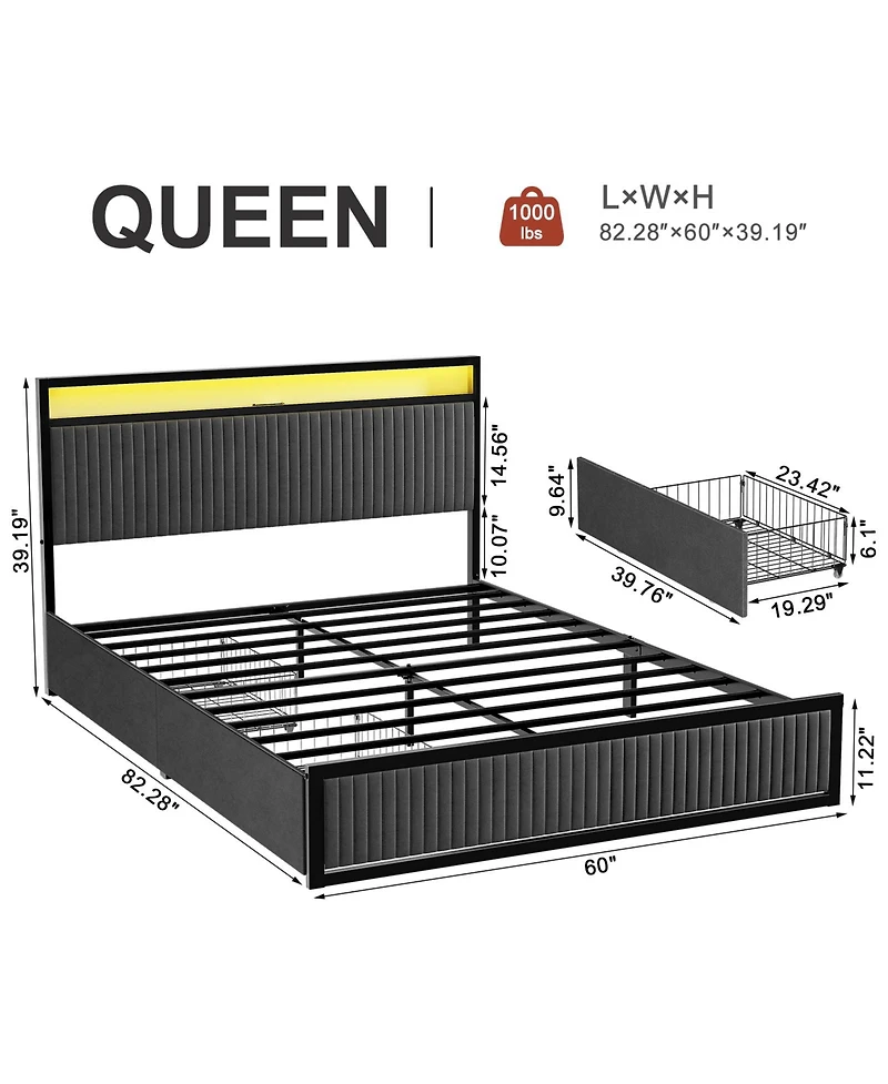 Hausource Upholstered Queen Bed Frame with 2 Storage Drawers, Led Headboard, Usb Ports, Dark Gray