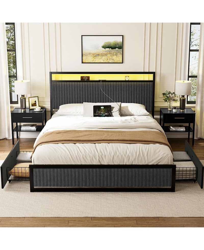 Hausource Upholstered Full Bed Frame with 2 Storage Drawers, Led Headboard, Usb Ports, Dark Gray