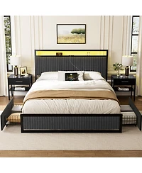 Hausource Upholstered Full Bed Frame with 2 Storage Drawers, Led Headboard, Usb Ports, Dark Gray