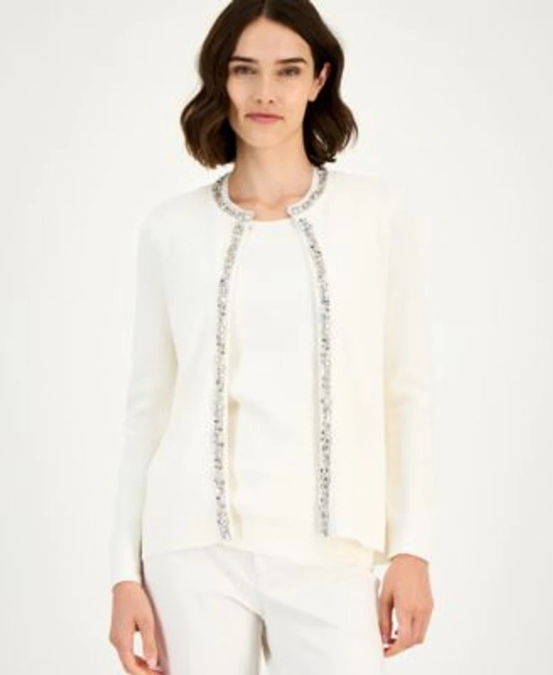 Anne Klein Womens Rhinestone Trim Cardigan Sleeveless Knit Top Bootcut Suit Pants