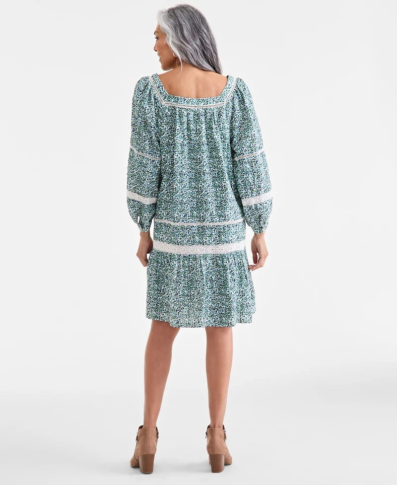 Style & Co Women's Cotton Printed Crochet-Trim Shift Dress