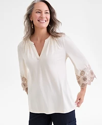 Style & Co Petite Embroidered-Sleeve Top, Macy's Exclusive