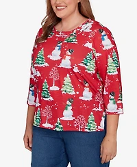 Alfred Dunner Plus Classic Snowmen Printed Crew Neck Top