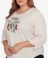 Alfred Dunner Plus Classic Holiday Stockings Gathered Sleeve Top