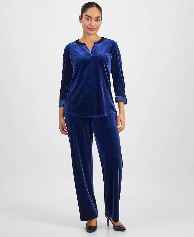 Ak Anne Klein Petite Velour Mid Rise Wide-Leg Pants