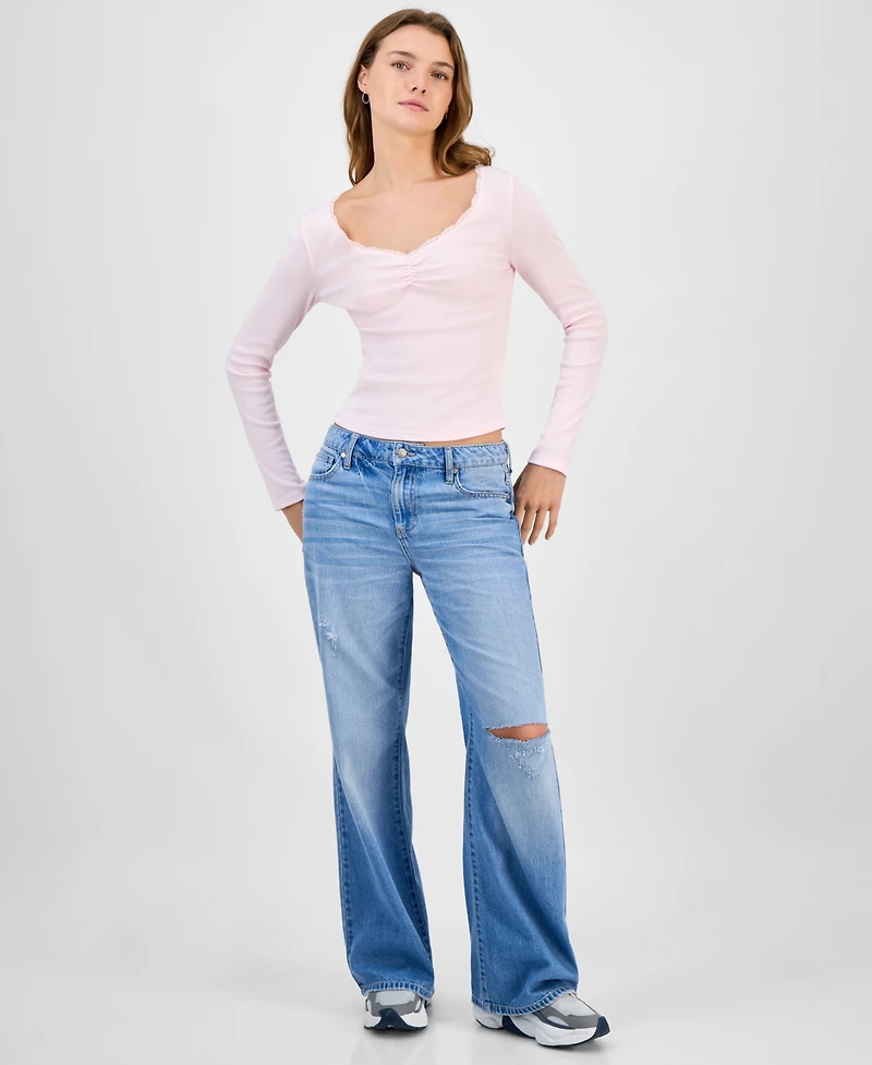 Hippie Rose Juniors' Lace-Trim Gathered-Bust Top