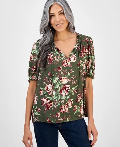 Style & Co Women's Printed Ruffle Puff-Sleeve Top, Macy's Exclusive