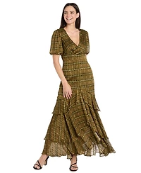 R & M Richards Women's Satin Metallic Stripe Puff-Sleeve Dress