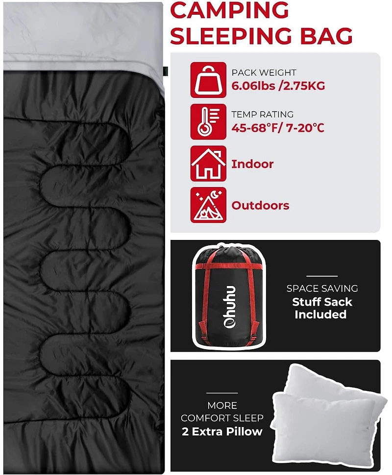 Double Sleeping Bag for Adults with 2 Pillows, Queen Size Two Person Sleeping Bag for Camping