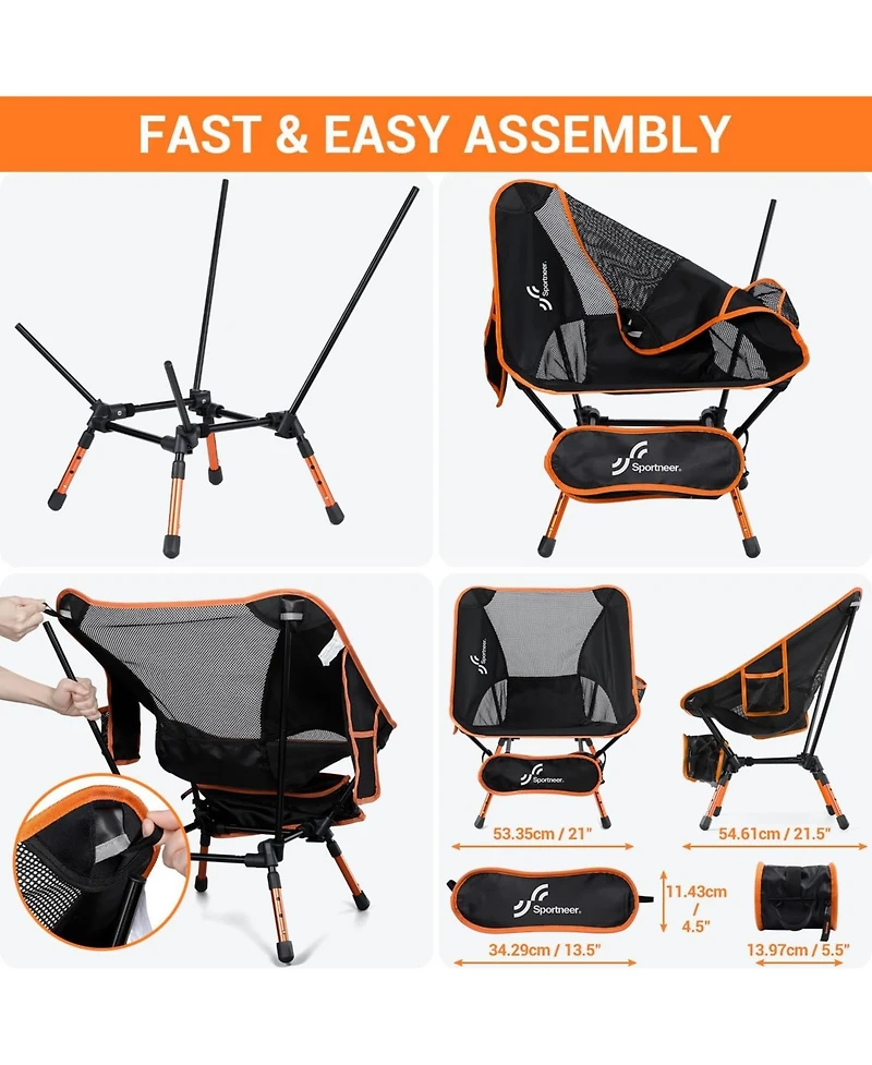 Sportneer Camping Chairs, Lightweight Outdoor Chairs Height Adjustable with 2 Side Pockets & Storage Bag (2, Orange)