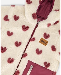 Deux par Girl Reversible Mid-Season Sherpa Jacket Burgundy Heart - Child