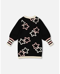 Deux par Girl Long Sleeve Knit Dress Black with Stars - Child