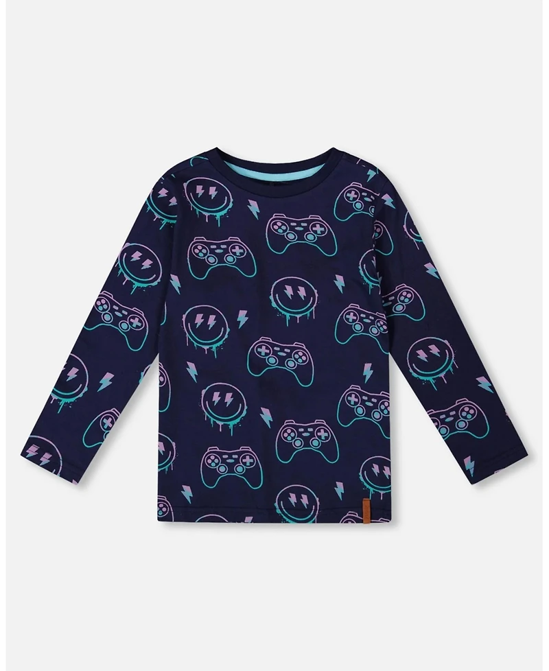 Deux par Little Boys Long Sleeve Cotton Allover Print Tee Navy Blue - Toddler|Child