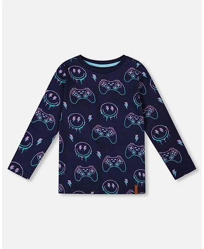 Deux par Little Boys Long Sleeve Cotton Allover Print Tee Navy Blue - Toddler|Child