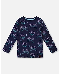 Deux par Little Boys Long Sleeve Cotton Allover Print Tee Navy Blue - Toddler|Child