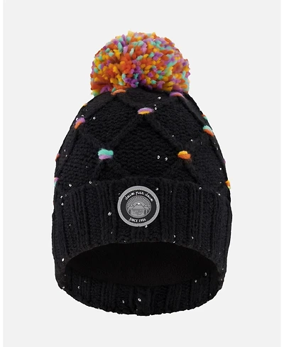 Deux par Girl Lined Knit Pompom Hat Black and Multicolor with Little Sequins - Toddler|Child