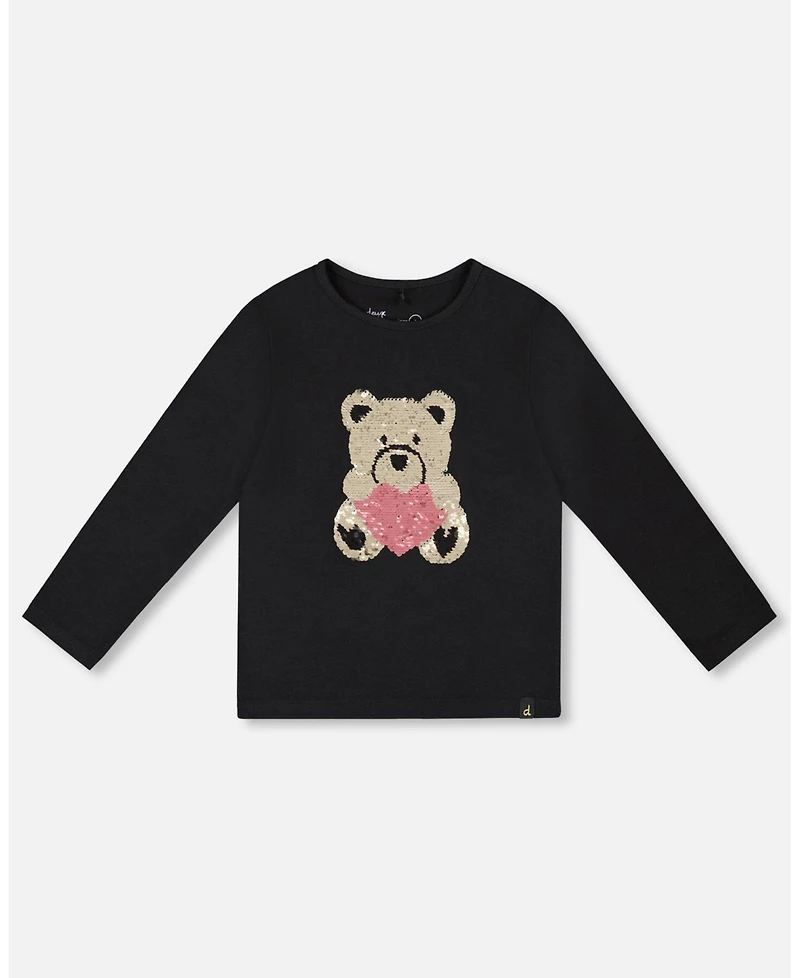 Deux par Toddler Girls Black Cotton T-Shirt with Reversible Sequin Teddy Bear - Toddler|Child