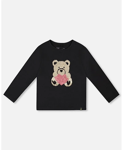 Deux par Toddler Girls Black Cotton T-Shirt with Reversible Sequin Teddy Bear - Toddler|Child